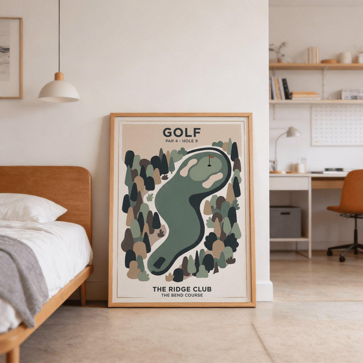 Golf Landscape Print leaning on the floor with minimalist golf course illustration in muted green and beige tones in a bedroom