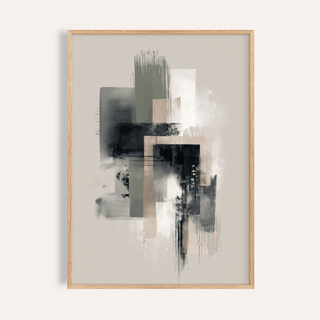 Modern Abstract Poster framed close-up with beige white and black geometric shapes