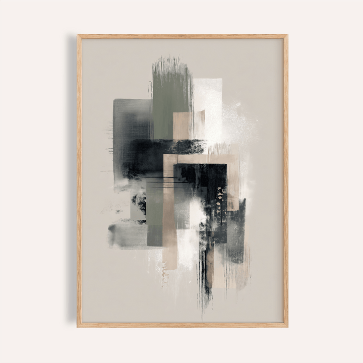 Modern Abstract Poster framed close-up with beige white and black geometric shapes