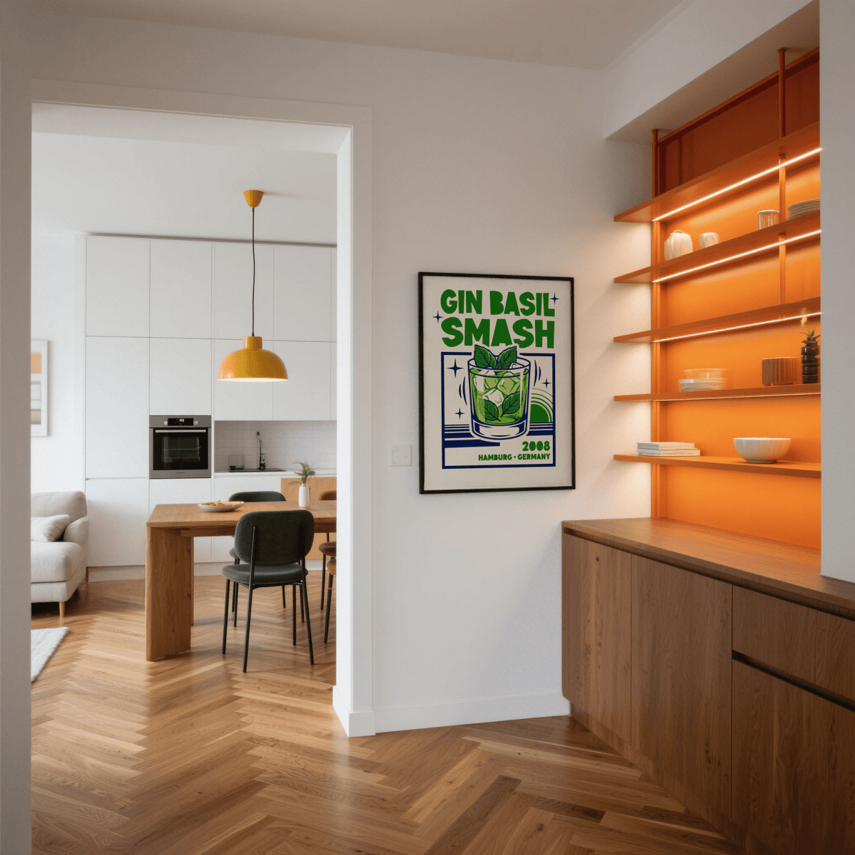 Print on a wall of Gin Basil Smash Poster with green and blue pop-art style in a modern kitchen