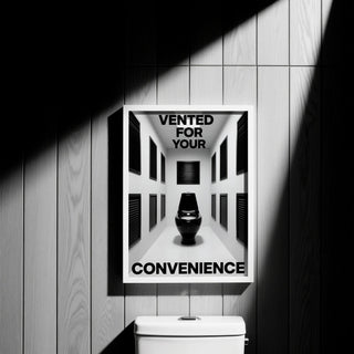 Bathroom Funny Print framed close-up of black toilet with typographic text on a wood wall above a white cistern
