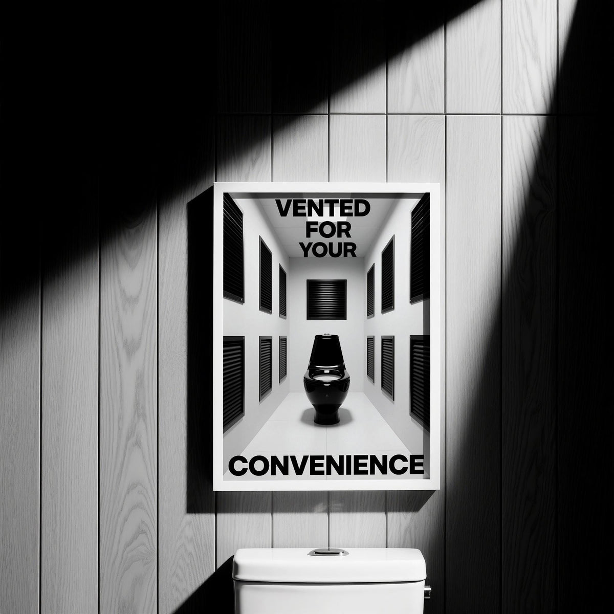Bathroom Funny Print framed close-up of black toilet with typographic text on a wood wall above a white cistern