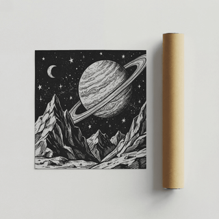 Mountain Space Poster with line-art of mountains and a ringed planet shown next to a brown packaging tube on a white surface