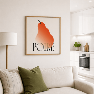 Modern Pear Poster framed print with an orange pear and typographic text above a green cushion