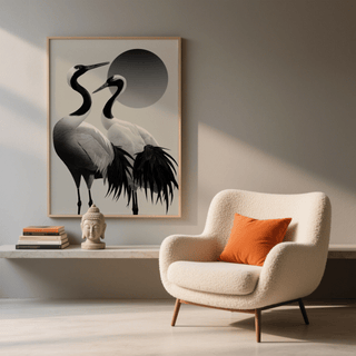 Black and white crane print on a wall with a beige chair and orange cushion nearby