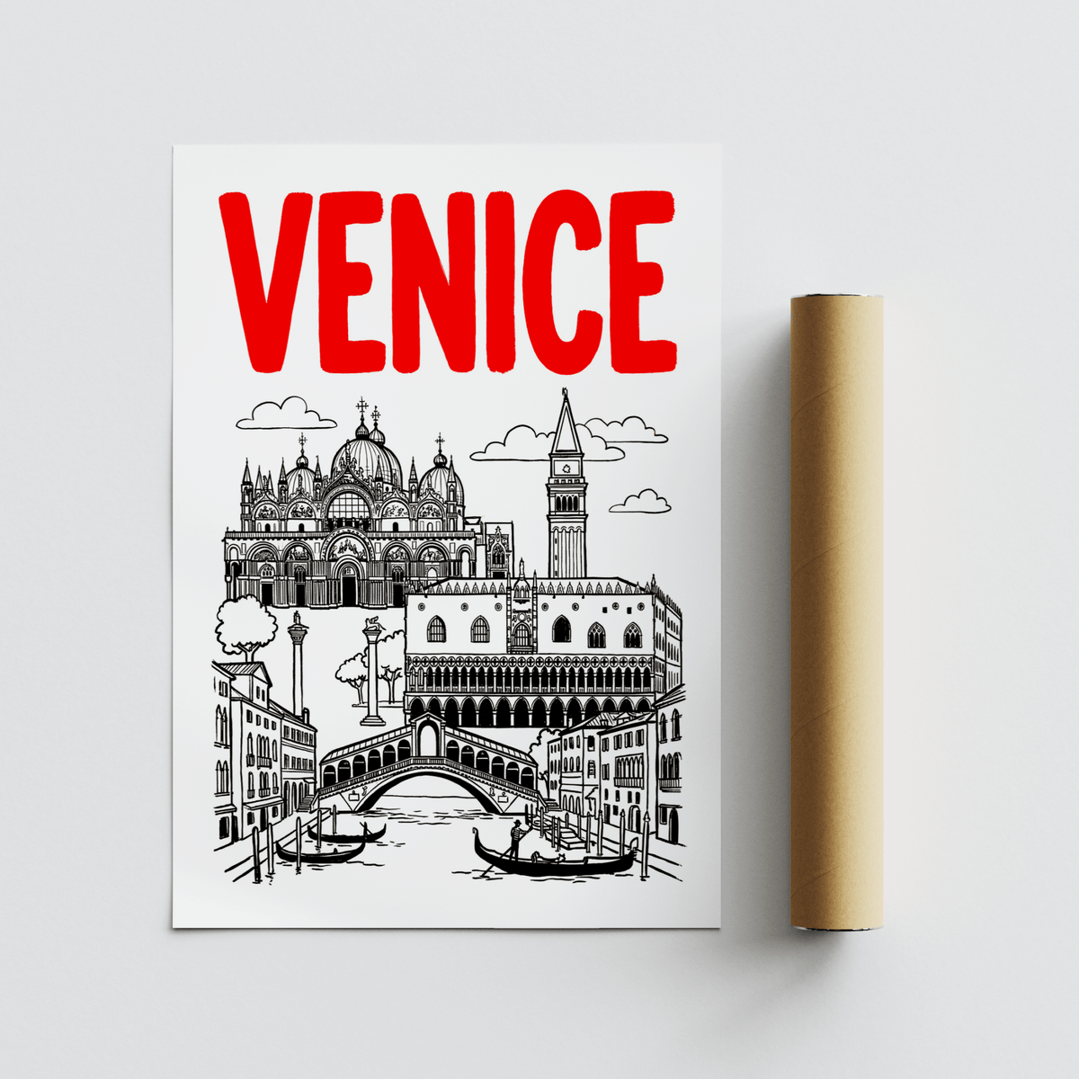 Venice Landmark Art Print laid flat next to a brown packaging tube with red and black line-art