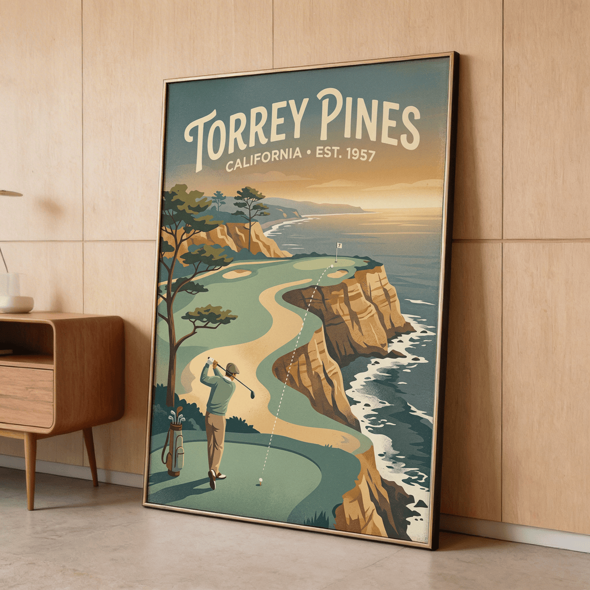 Clifftop Golf wall art of a golfer at a cliff golf course with vintage colours leaning against a wood-panelled wall next to a shelf