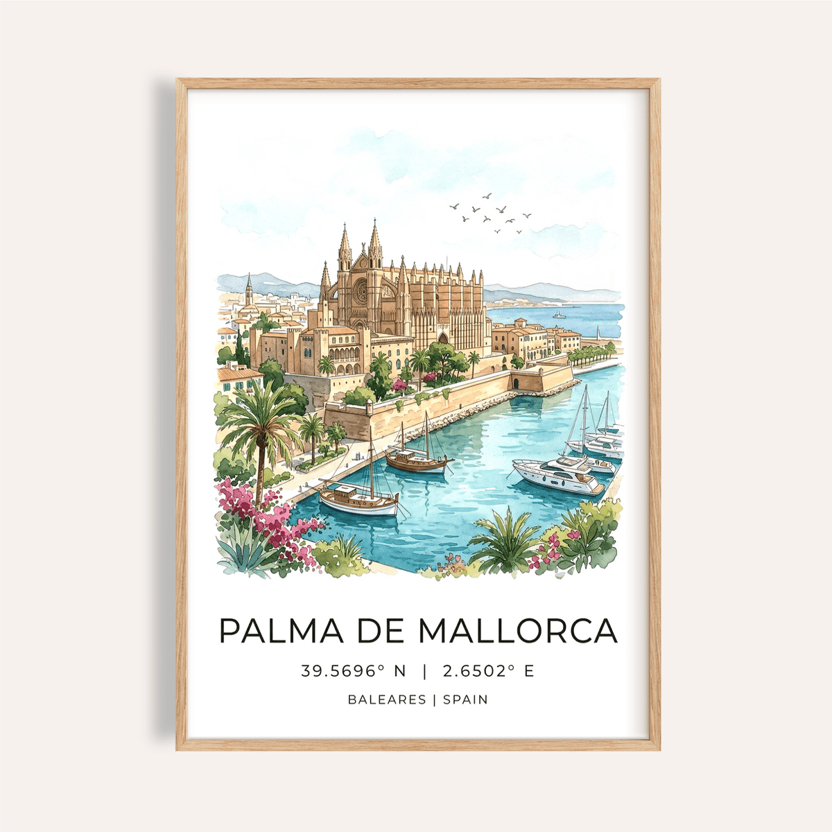 Framed close-up of Palma De Mallorca art print showing watercolour illustration of Palma Cathedral and harbour