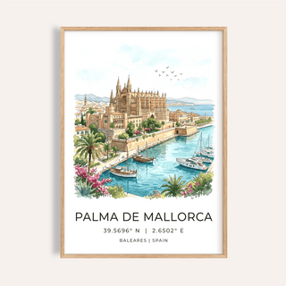Framed close-up of Palma De Mallorca art print showing watercolour illustration of Palma Cathedral and harbour