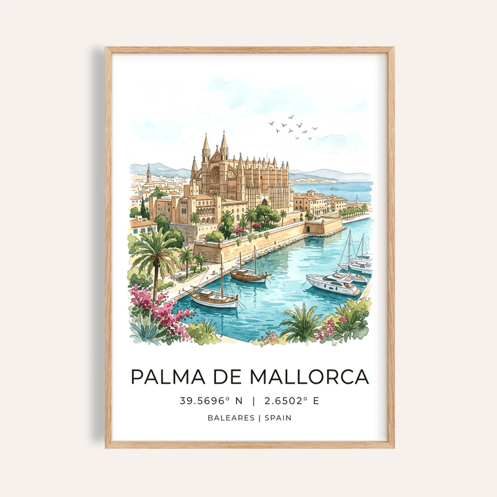 Framed close-up of Palma De Mallorca art print showing watercolour illustration of Palma Cathedral and harbour