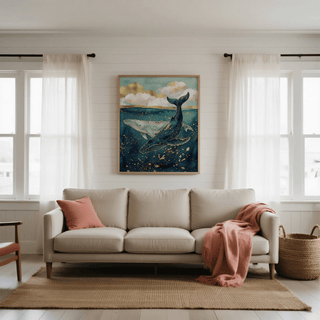 Whale wall art of two whales underwater in blue and gold above a beige sofa with a pink throw