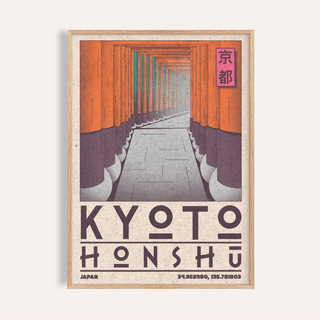 Framed close-up of Kyoto Honshu wall art featuring a vintage-style torii gate pathway in orange and purple tones