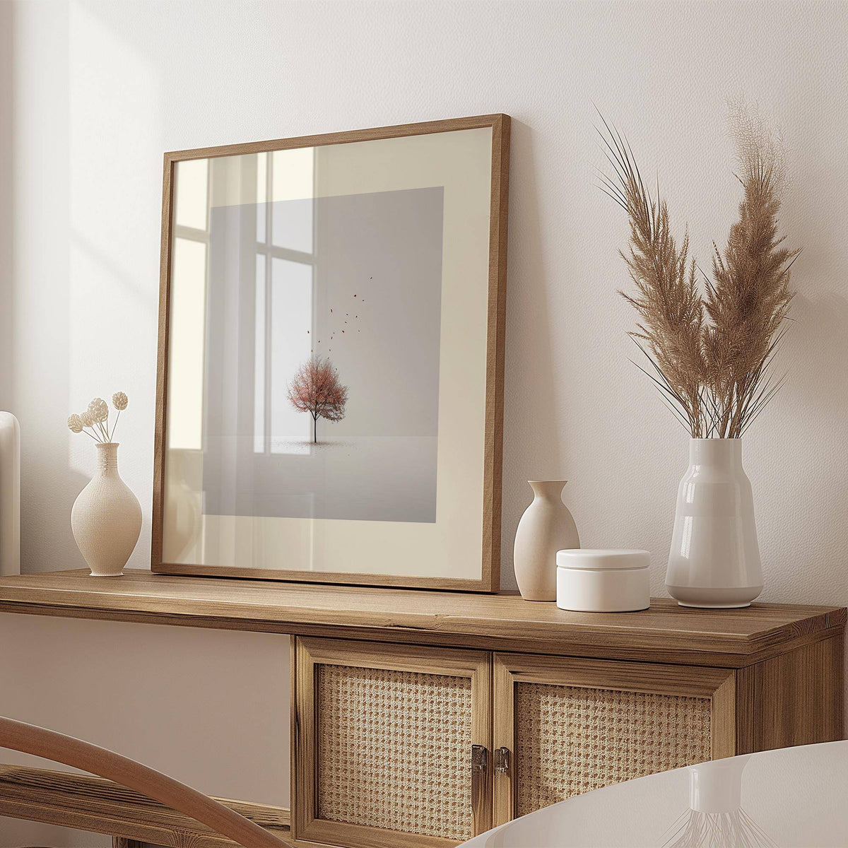 Tree wall art framed close-up showing a minimalist photographic tree with floating leaves on a wooden sideboard with neutral vases