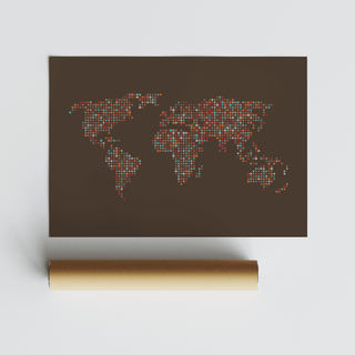 Map Of The World Poster laid flat with a brown packaging tube showing abstract multicoloured dots on a dark background