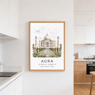 Agra Historical Poster print of the Taj Mahal in watercolour hung in a bright contemporary kitchen
