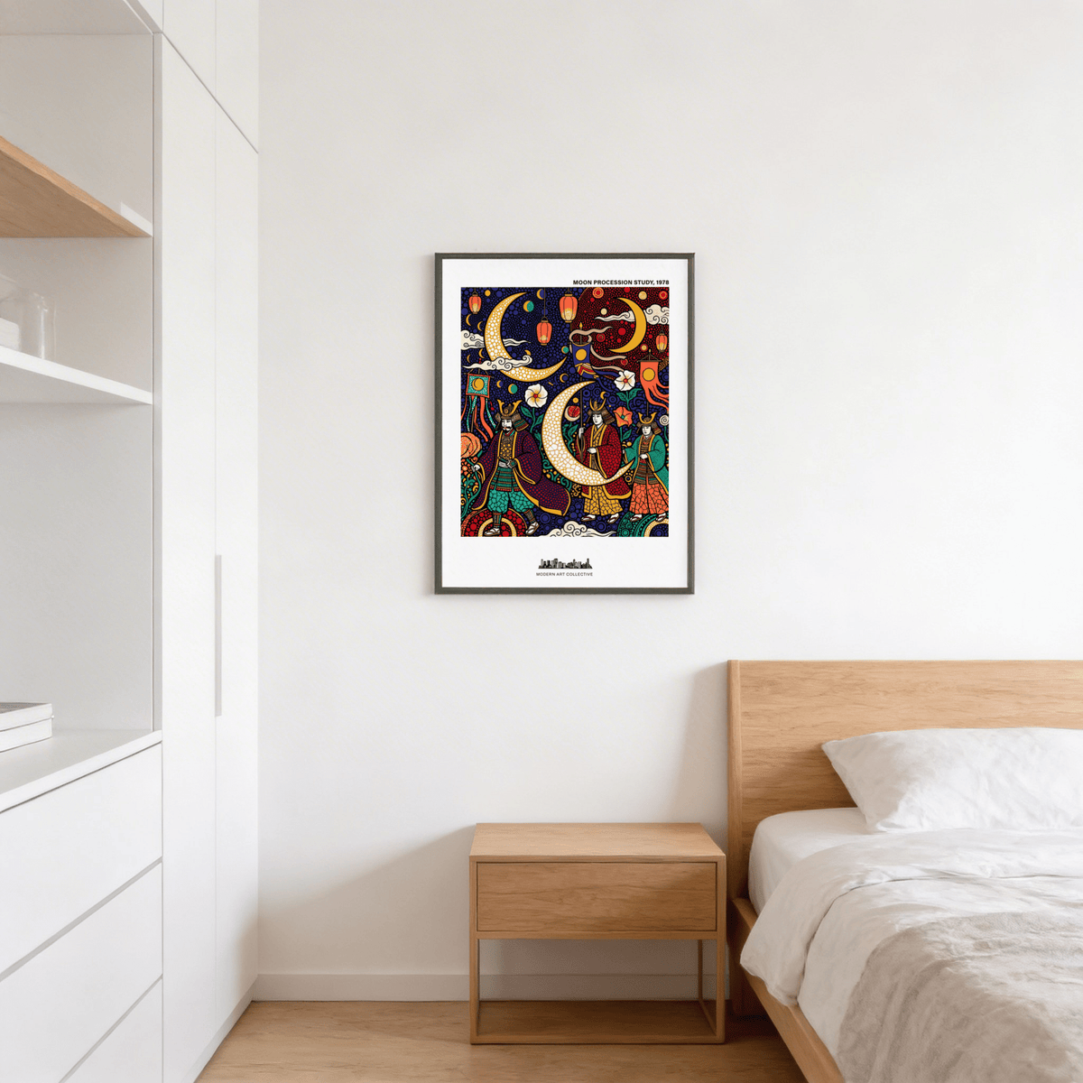 Japanese Festival Print hung above a wooden bedside table in a bedroom with white walls