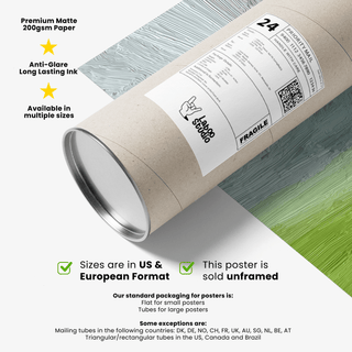 Rolled Abstract Green Wall Art print with a shipping label on a packaging tube