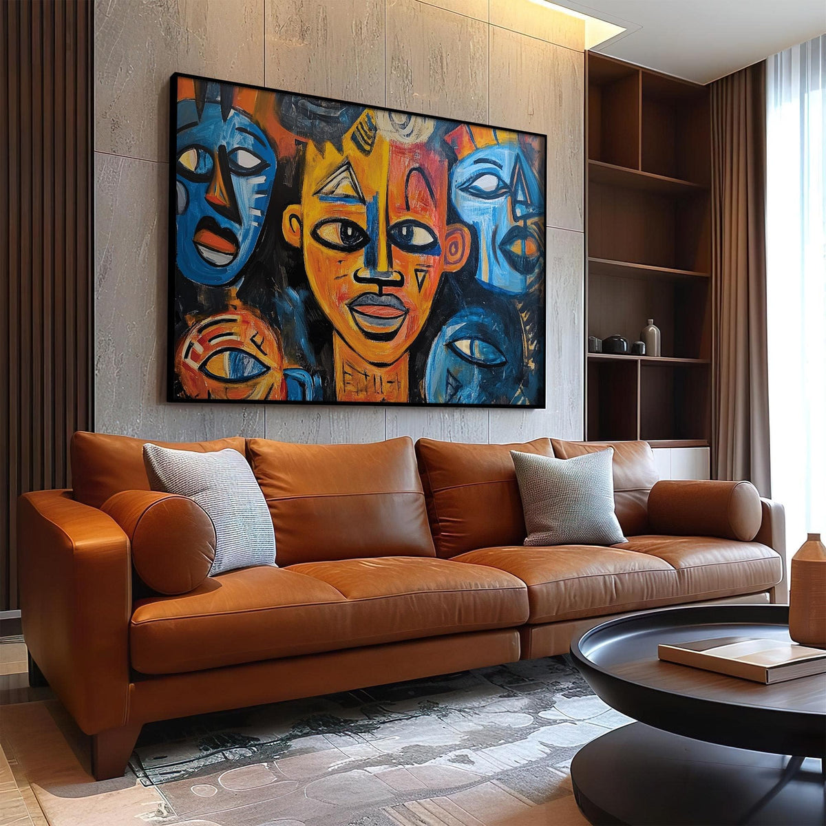 Abstract African wall art of tribal faces in orange and blue above a tan leather sofa