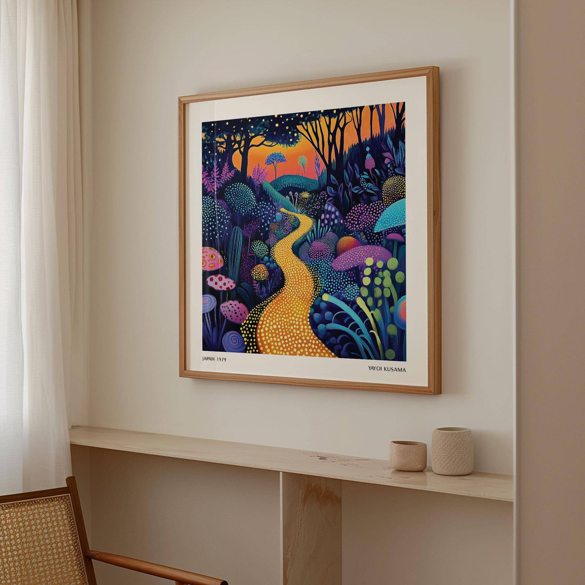 Polka Dot Pop Art framed print of a golden forest path with colourful plants above a wooden shelf