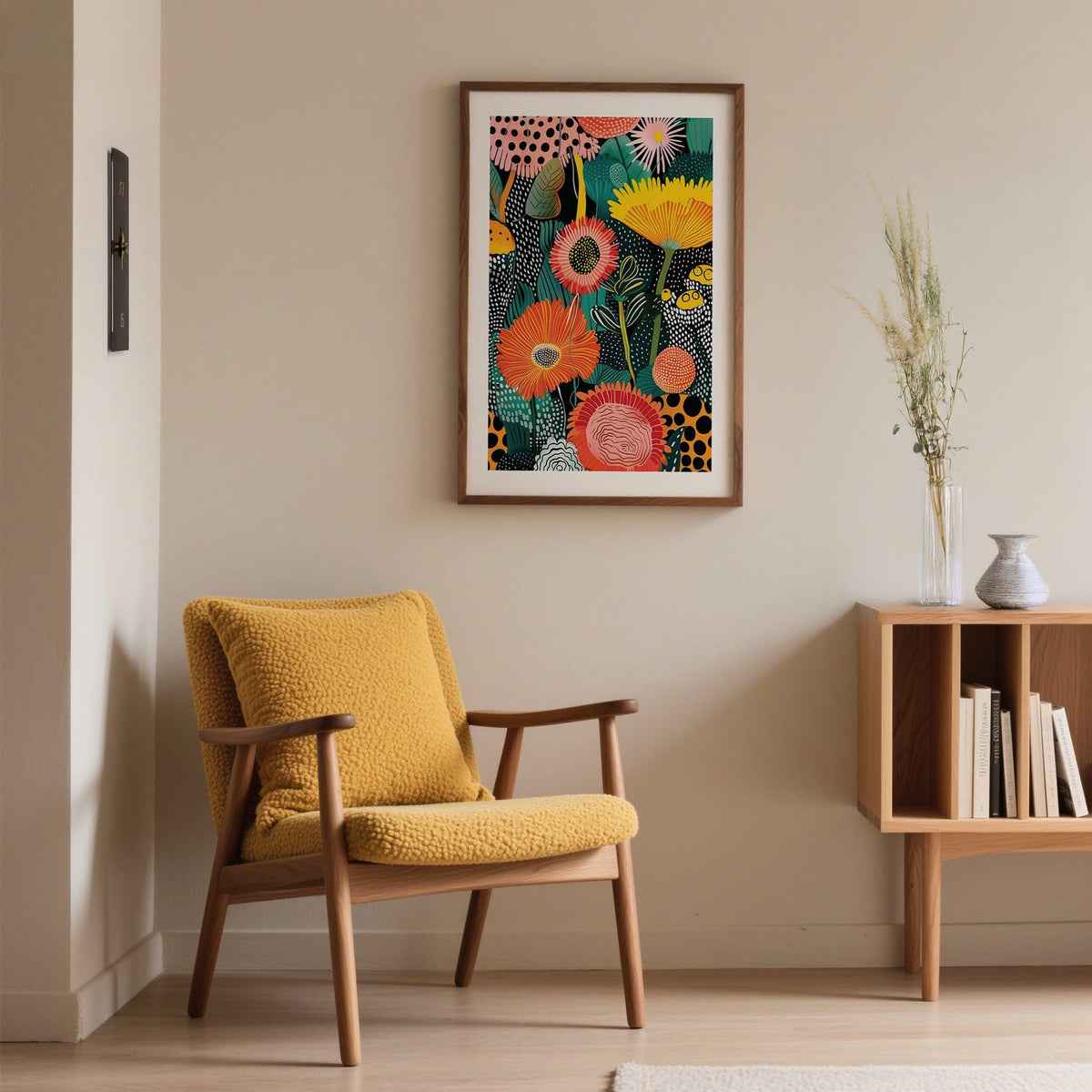 Beautiful Flower Art print with colourful abstract flowers in a frame above a yellow armchair