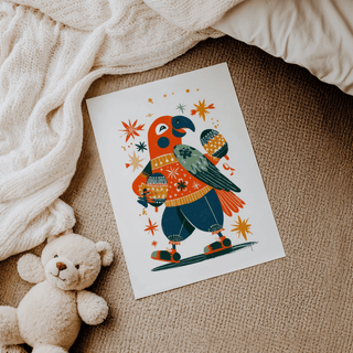 Playful Animal Poster of a parrot with maracas lying on a carpet near a teddy bear