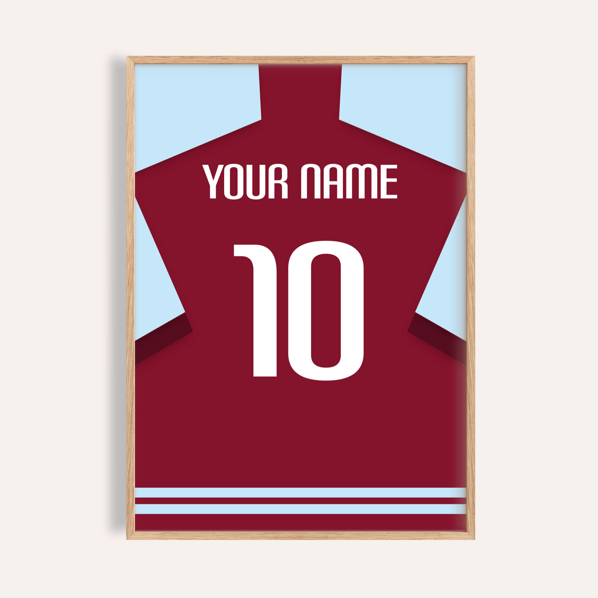 Framed print close-up of a plain claret football shirt with a white number and name