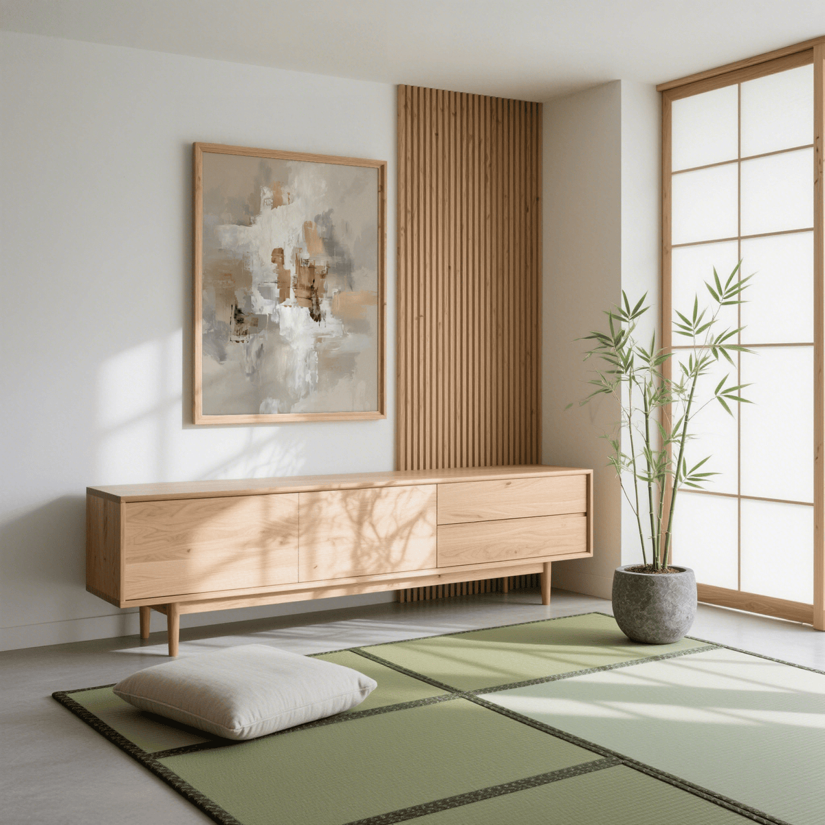 Neutral Tones Art print with abstract beige and white brushstrokes in a light Japanese style room with a green tatami mat and a potted