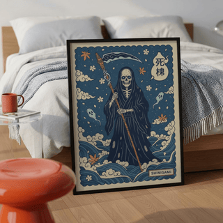 Print of shinigami art with blue background and orange leaves leaning on bedroom floor near an orange stool
