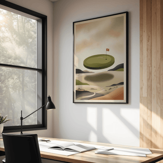 Abstract golf wall art of a floating green with a red flag in a minimalist office with desk lamp
