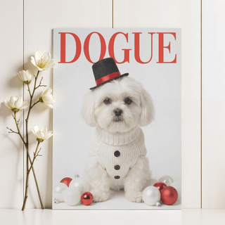 Christmas Shih Tzu Poster print leaning on a shelf with a white flower arrangement