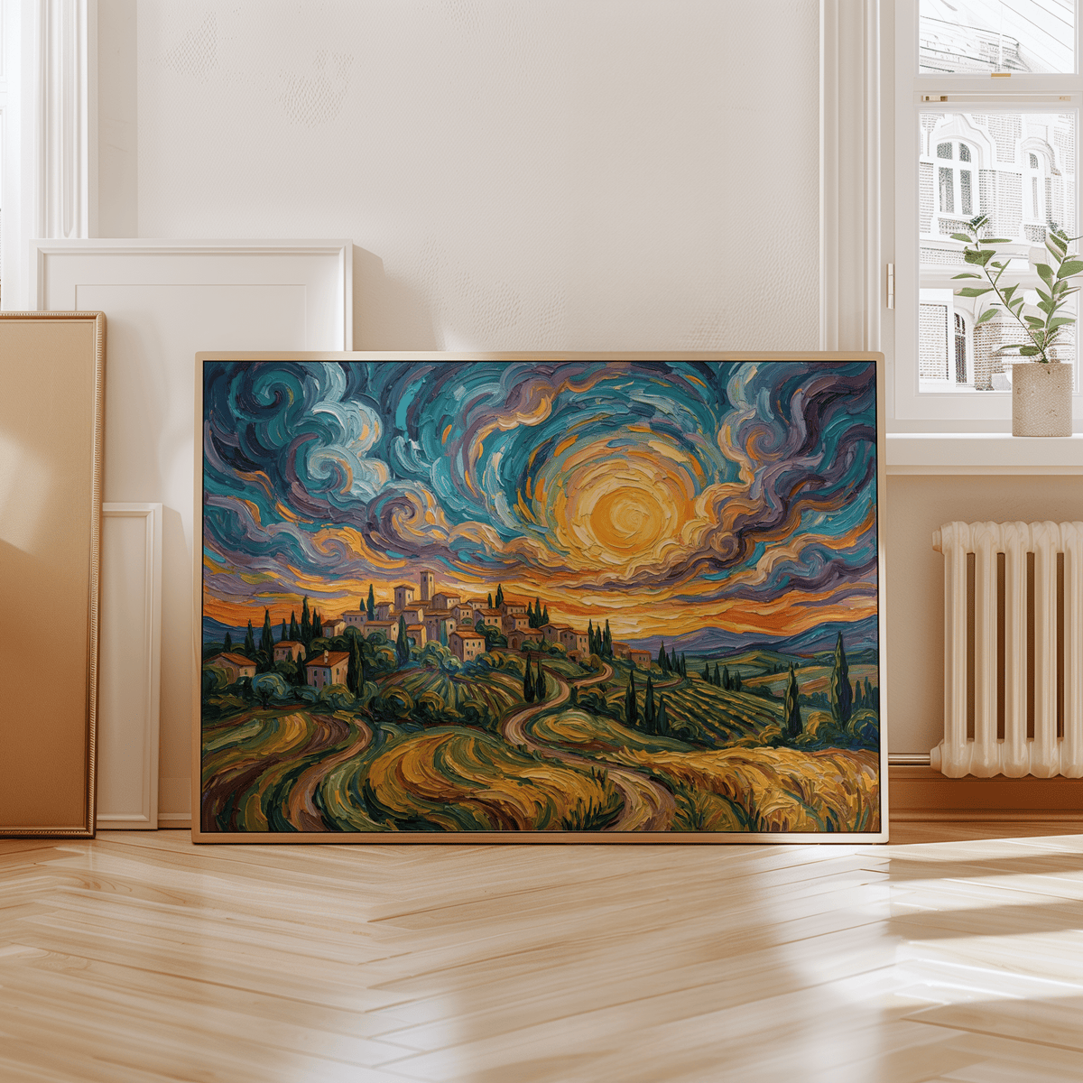 Sunset Scenery wall art with an abstract countryside village at sunset propped on a wooden floor near a window