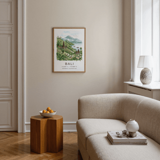 Bali Landscape Art Print in watercolour of rice terraces and mountains above a wooden side table in a living room