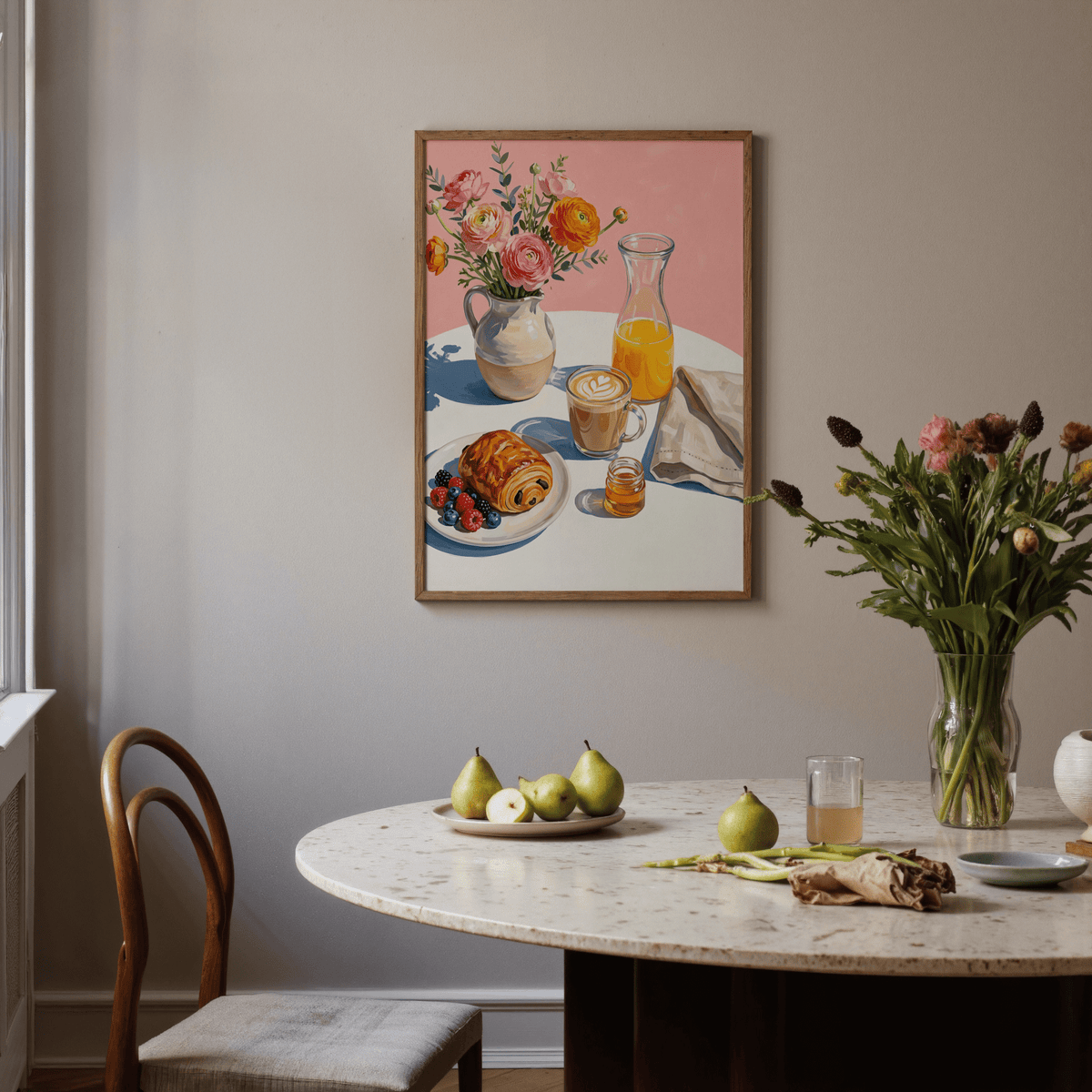 Breakfast Wall Art above a dining table with pears and flowers in a vase