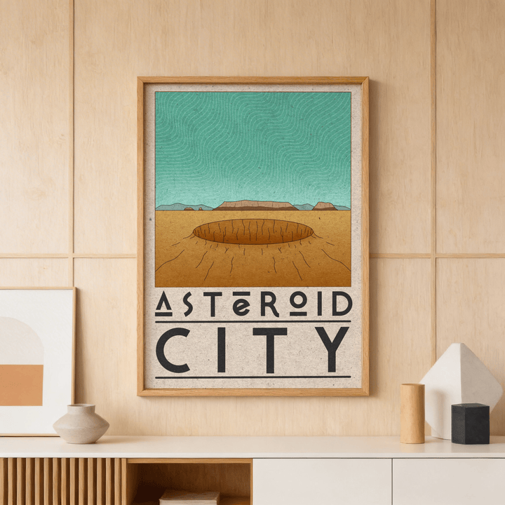 Retro Desert Sci-Fi Poster print of a minimalist desert crater in turquoise and brown above a sideboard with a vase