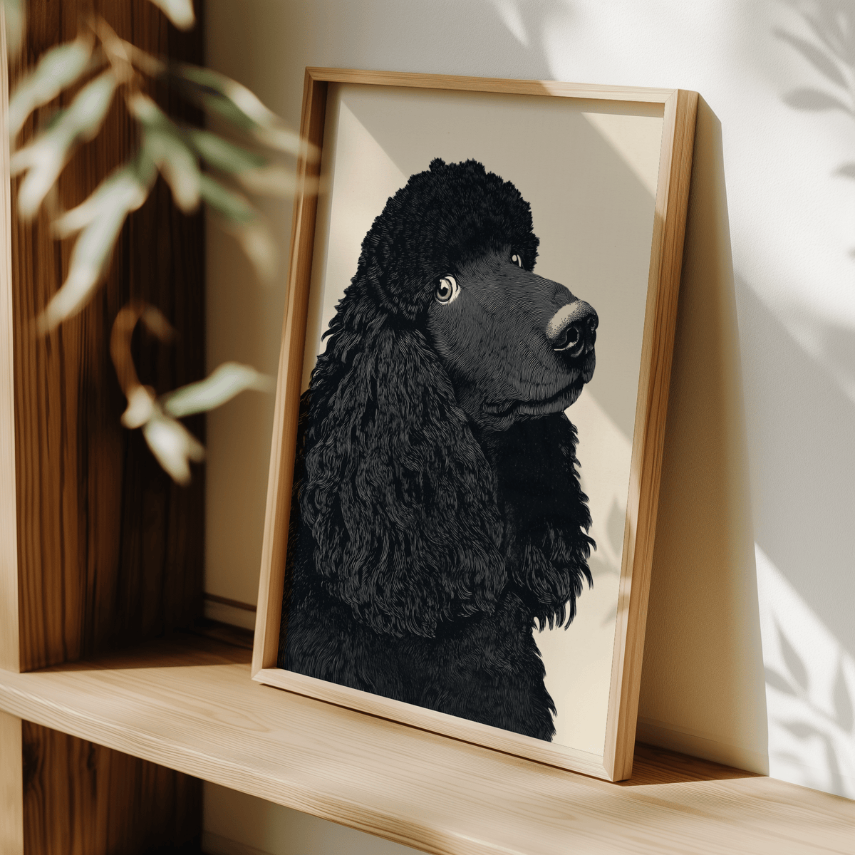 Framed Poodle Art Print leaning on a wooden shelf with natural light and plant shadows
