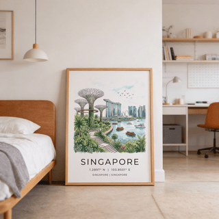 Print leaning on floor Singapore City Landscape Art with Marina Bay Sands and Supertree Grove in soft watercolour tones