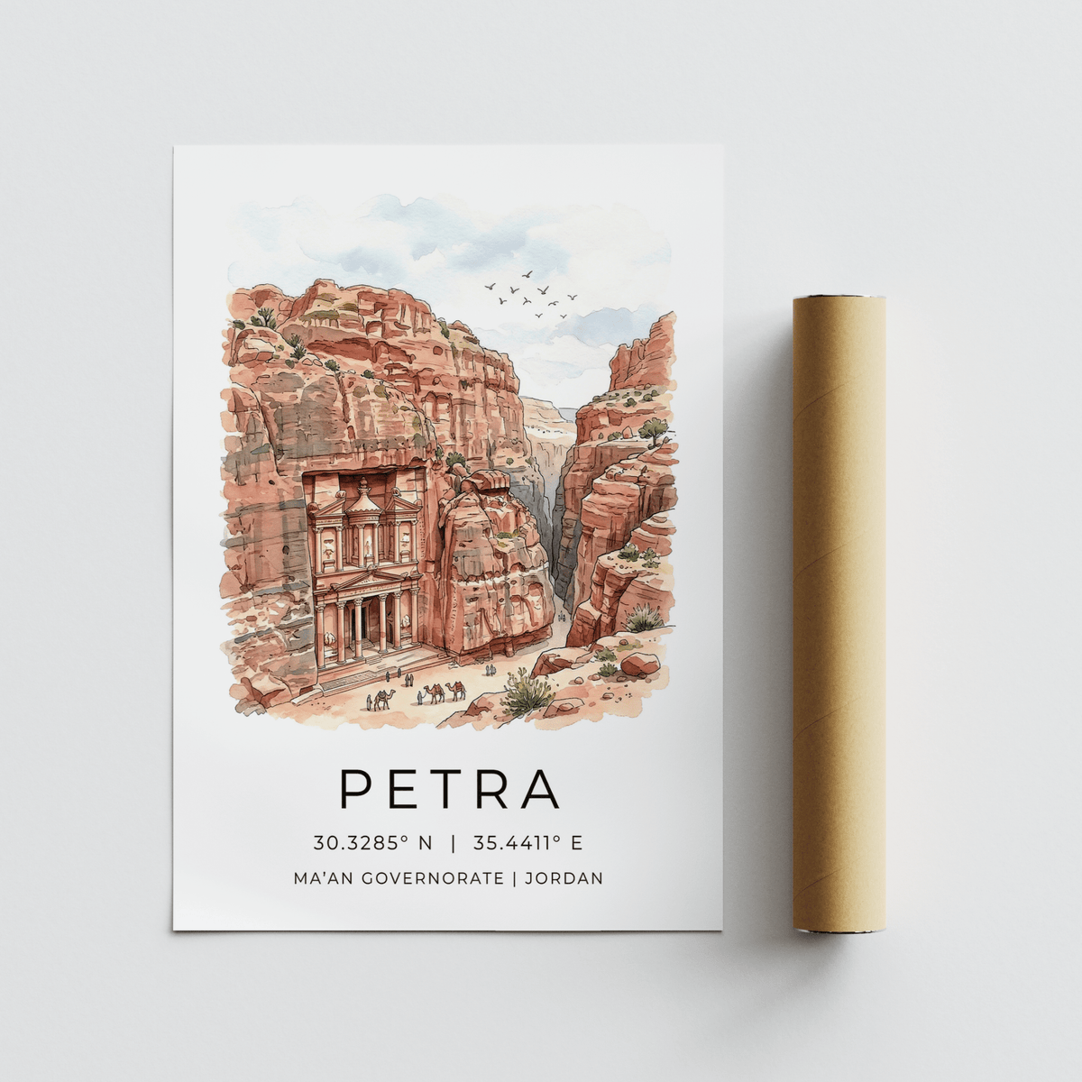 Petra art print with watercolour illustration of red rocks and ancient structure alongside a packaging tube