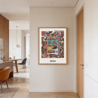 Vending Machine Art Print on a wall in a hallway with wooden door and dining room visible
