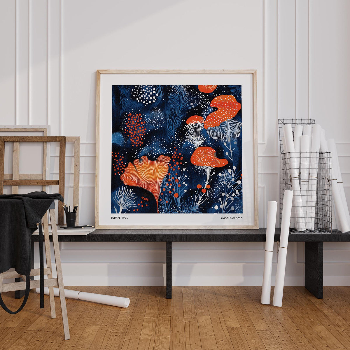 Unique Living Room Wall Art with abstract floral shapes in blue and orange leaning on a bench by rolled prints