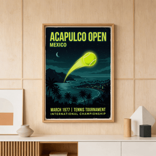 Acapulco Open Tennis Art Print on a wooden wall above a shelf with vases
