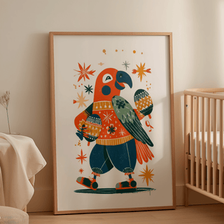 Framed Playful Animal Poster of a parrot with maracas in orange green and navy tones leaning on a nursery crib