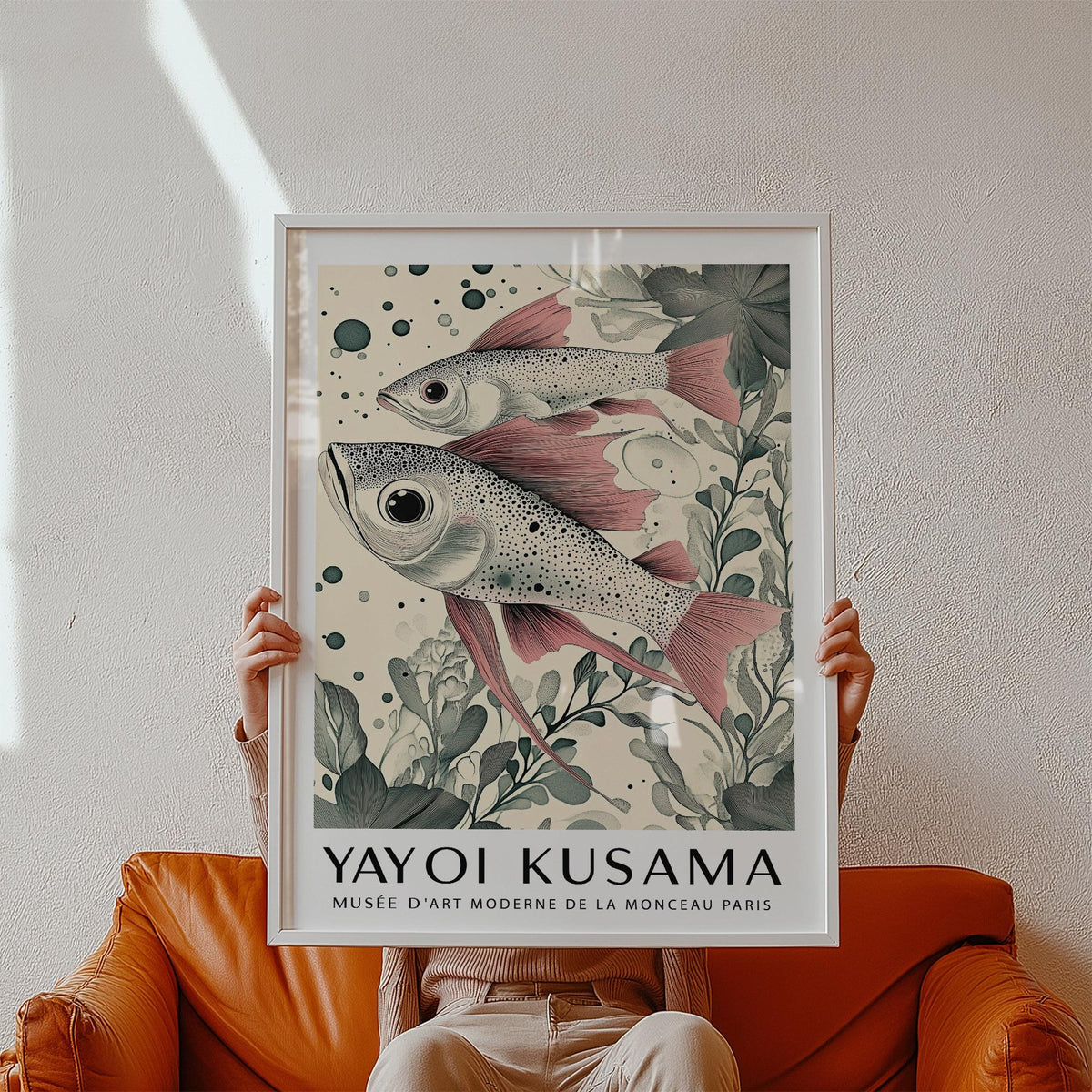 Framed Large Fish Wall Art held showing two pink finned fish with botanical illustration style