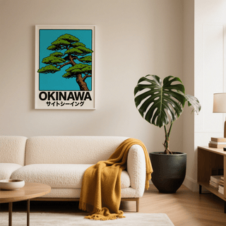Japanese Tree Print hanging above a cream sofa with a mustard throw and a large potted plant