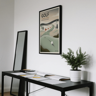 Vintage Golf Wall Art in a minimalist room scene with a plant and mirror near a black desk