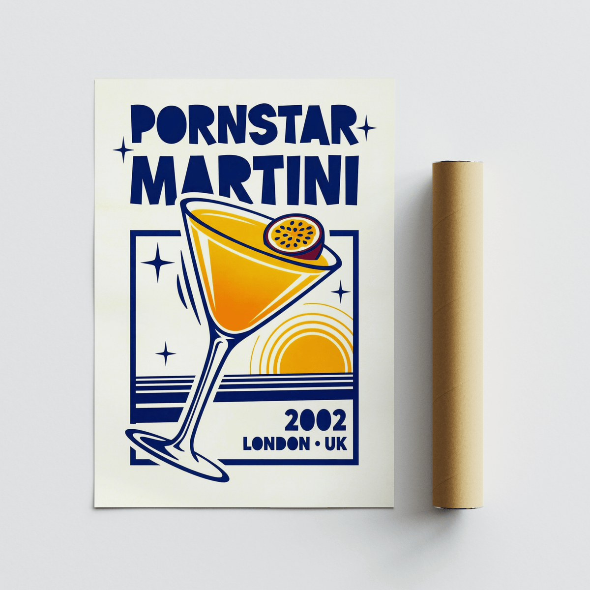 Retro Passion Fruit Martini Poster flat print with a cocktail illustration and brown packaging tube
