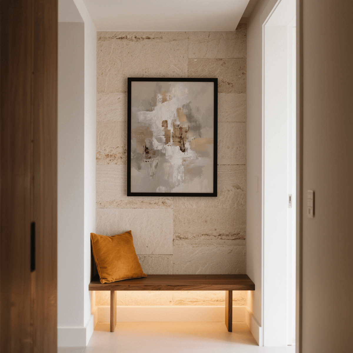 Neutral Tones Art print with neutral abstract brushstrokes in a framed black frame above a wooden bench with an orange cushion