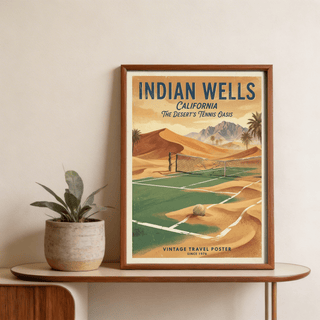 Vintage Tennis Poster framed print with desert tennis court illustration and muted orange and green tones