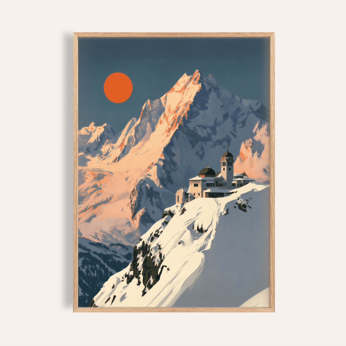 Framed Art Deco Mountain Poster with snowy alpine peak and orange sun on cream wall