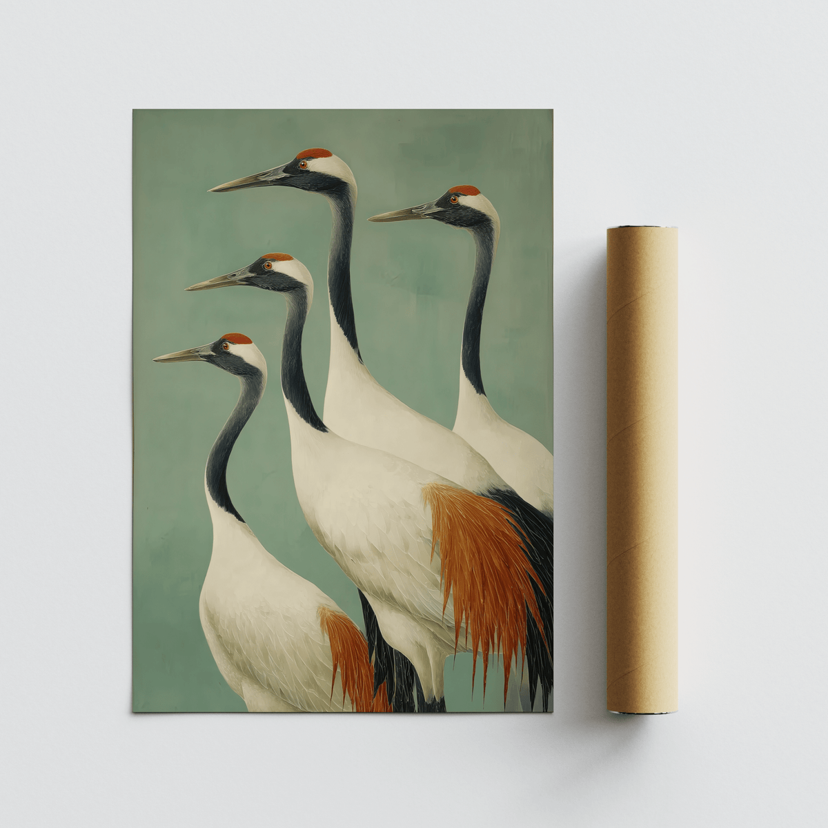 Birds wall art of red-crowned cranes illustration beside a packaging tube