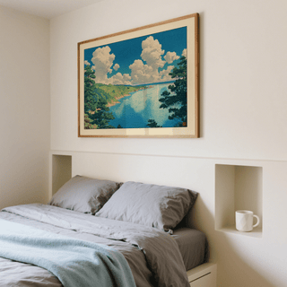 Hasui Kawase Seascape Print above a bed with grey bedding in a bedroom